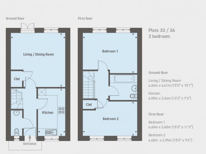 Floor plan 2 bedroom house, plot 33 & 34 - artist's impression subject to change